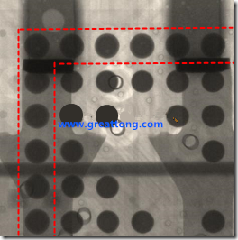 BGA錫球尺寸小于0.4mm，采用降低BGA內(nèi)圍襲球的錫膏量所得到X-Ray，稍微留意一下可以發(fā)現(xiàn)最外圈的錫量(圓的直徑)比其他內(nèi)圍的錫球上的錫量來得多一點點。也就是外圈的黑色圓形直徑比內(nèi)圈的圓形來得大一點點。