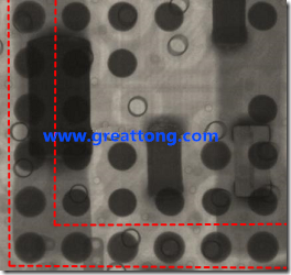 BGA錫球尺寸小于0.4mm，采用降低BGA內(nèi)圍襲球的錫膏量所得到X-Ray，稍微留意一下可以發(fā)現(xiàn)最外圈的錫量(圓的直徑)比其他內(nèi)圍的錫球上的錫量來得多一點點。也就是外圈的黑色圓形直徑比內(nèi)圈的圓形來得大一點點。