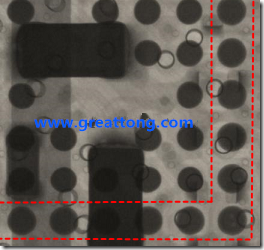 BGA錫球尺寸小于0.4mm，采用降低BGA內(nèi)圍襲球的錫膏量所得到X-Ray，稍微留意一下可以發(fā)現(xiàn)最外圈的錫量(圓的直徑)比其他內(nèi)圍的錫球上的錫量來得多一點點。也就是外圈的黑色圓形直徑比內(nèi)圈的圓形來得大一點點。