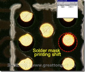 電路板BGA下面的防焊層印刷偏移，造成焊墊大小不一致。