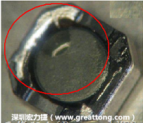 使用錫(Sn)鍍層的電源電感器(Power Inductors)，經(jīng)過推力測試后，其焊點(diǎn)還保留在零件的端點(diǎn)上，所以推力比較高。