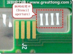 這個HotBar(熱壓熔錫焊接)吃錫的設(shè)計已經(jīng)對了一半，在印刷錫膏的時候在焊墊的中間位置減少錫膏，如果治具的設(shè)定正確的話，熱壓頭(thermode)要壓在焊墊中間的位置，焊錫的印出來結(jié)果如下面右圖所示。