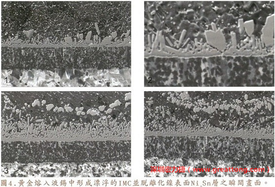 下面四張圖片為放大4500倍的SEM圖像，說明在回流焊爐熱量不足的情況下，黃金成份正要從鎳層分離融入焊錫之中的瞬間，當(dāng)零件遭受外力沖擊的時候就極有可能從這一整排AuSn、、AuSn2或AuSn4的IMC處裂開。