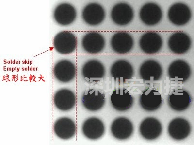 現(xiàn)在我畫幾條直線你再看看是否有發(fā)現(xiàn)那一顆BGA的錫球比較大，有空焊的可能？