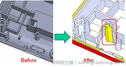 既然知道可能的問題出在電路板變形量過大，于是在電路板上黏貼應(yīng)力計(Stress Gauge)然后先量測未改善前的應(yīng)力數(shù)據(jù)。改善方法是在BGA的附近新增機溝肋柱(rib)來頂住電路板以降低電路板在落下時的變形量。