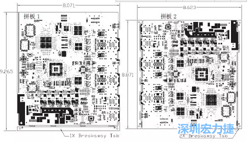 如圖7所示是使用不同數(shù)量邊條的拼板，拼板1僅使用了一個邊條，直接利用PCB另一邊作為SMT工藝傳送邊，并且PCB圖形中有合適的安裝孔；而拼板2則是按常規(guī)設(shè)計(jì)了兩個邊條。拼板方式為連接筋。圖中“Breakaway Tab”指邊條-深圳宏力捷