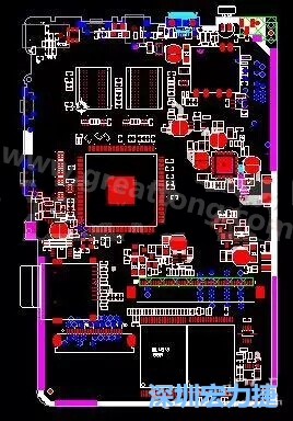 上圖是一個(gè)開發(fā)板的PCB，從布局中可以看出各個(gè)接口電路分離很明確，SDRAM和DDR以及SD卡接口電路等走線不會(huì)造成相互的干擾。-深圳宏力捷