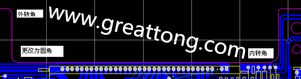PCB設(shè)計時單面板的轉(zhuǎn)角都需為圓角，R1.0mm或R2.0mm為宜。