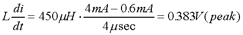 舉例來說，一個閘在"ON"而載有4mA的電流時，突然開關(guān)切到"OFF"且現(xiàn)在載有0.6mA的電流，假設(shè)開關(guān)時間為4msec，載有450mH的電感信號的導(dǎo)體，此時所產(chǎn)生的電壓突波為