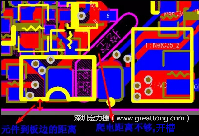 如果碰到模塊PCB空間有限，爬電距離不夠，可以采用開槽的方式