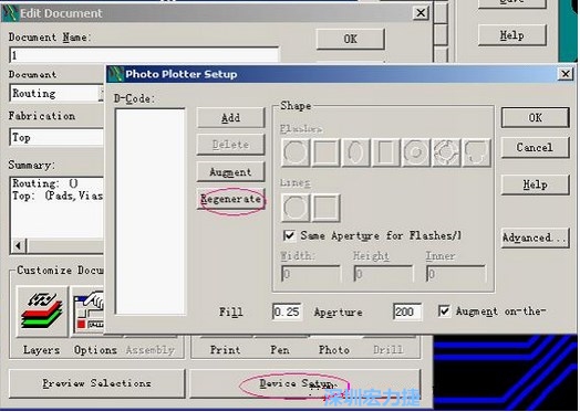 當(dāng)Gerber和鉆孔都設(shè)置完后，選擇一貼片元件較多的層（一般為Top層），點(diǎn)擊Device SetupPhoto，將 Plotter Setup窗口D-Code欄原有的D碼刪除并按Regenerate重新生成