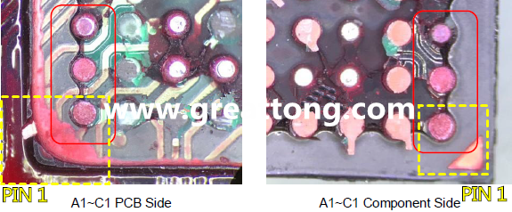 PIN-1的位置很重要，不知道Pin-1在哪里？那你怎么知道斷裂錫球在PCB的位置，如何判斷可能的應力(Stress) 影響。一般在PCB的絲印層(白漆)上面一定會標示零件的PIN-1位置，有的未打一個圓點，有的會畫三角形，但這張照片在PCB的PIN-1被紅墨水遮住了，如果可以的話建議那一塊沒有紅墨水的板子對照一下。