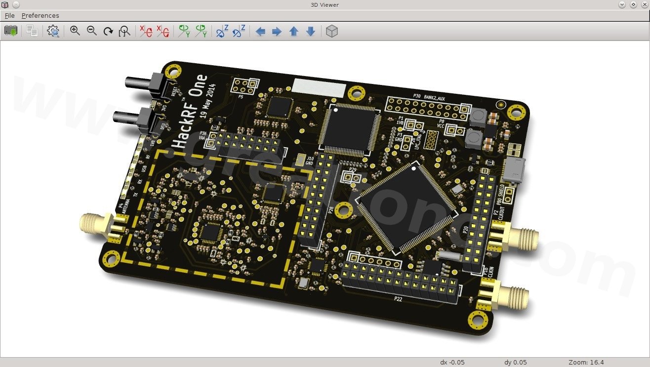 經(jīng)KiCad軟體3D功能渲染過(guò)的HackRF One電路板。