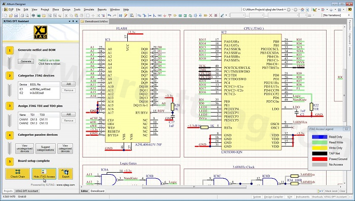 XJTAG DFT Assistant的Access Viewer模式可以清楚地顯示可用的測試存取層級，讓電路板設(shè)計(jì)人員在展開PCB布局以前的原理圖擷取階段盡可能地提高測試存取能力