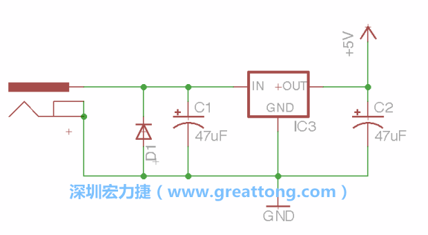 新增RBBB→Power_Jack，將它放在電壓調(diào)整器的輸入端旁邊。