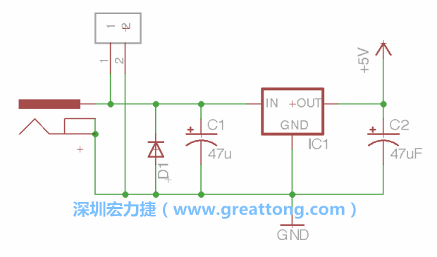 2.5.    新增一個(gè)二極體，它會(huì)以水平的狀態(tài)出現(xiàn)在屏幕上，請(qǐng)使用「旋轉(zhuǎn)（Rotate）」工具把它負(fù)極那一面朝上，并且用「網(wǎng)絡(luò)連接」工具將它連接在電壓調(diào)整器的輸入端和接地端之間。