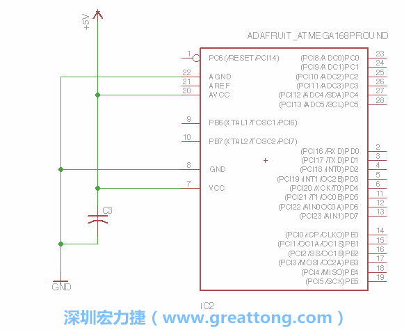 3.1.    新增微控制器晶片（RBBB → ATmega），把它放在電路原理圖的中央附近，把它的兩個(gè)接地接頭連接到接地訊號(hào)端。