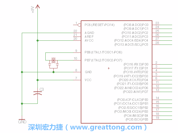 3.2.    在靠近ATmega的電源供應(yīng)針腳7的位置放置一個(gè)0.1μF的電容，將它分別連接電源、接地端和針腳7。