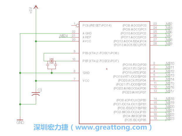 3.3.    將共鳴器（resonator）放置在針腳9和針腳10附近，將它的三個(gè)針腳連接如圖所示，并確認(rèn)最中間的針腳有連到接地端。