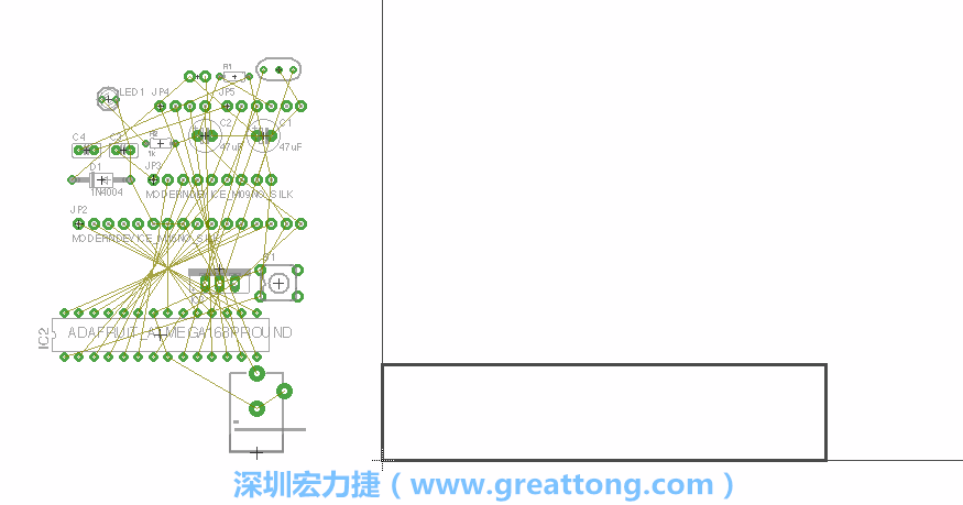 第一次執(zhí)行布線編輯器時，你會發(fā)現(xiàn)有兩個區(qū)塊，左邊的區(qū)塊非?；靵y，而右邊的區(qū)塊則是一個長方形的工作區(qū)域，EAGLE免費版會限制你的工作區(qū)域在4” x 3.2”的范圍內，如果你試圖將元件擺放在工作區(qū)外的話，就會跳出警示訊息。