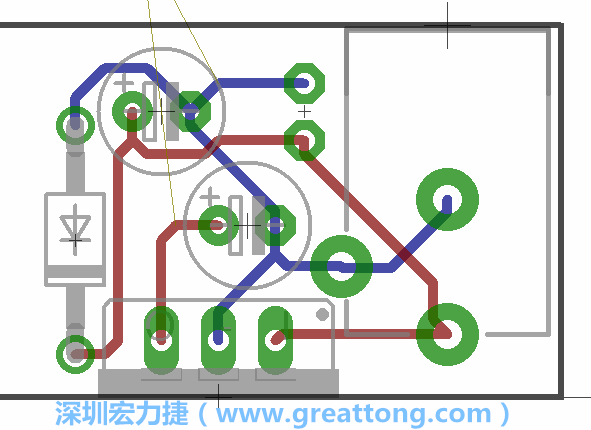 接地連結點的布線情形如下圖所示，利用這個練習來避免電路連線銳角化的產生是一個不錯的選擇，你可以在工具列中的彎曲線路（Wire Bend）選項里改變各種布線的變化。