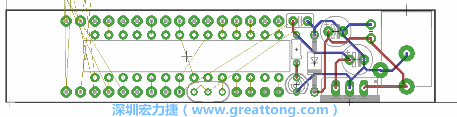 將ATmega微控制器、三個GPIO排針（JP2, JP3, JP4）和諧振器（resonator）排置如上圖所示。