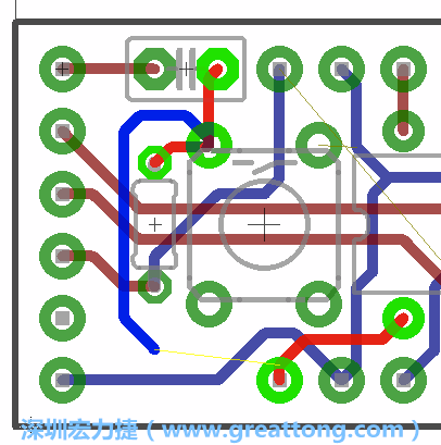 要在電路板正面進行+5V信號線連結和其他連結點的布線工作是非常容易的，而重置信號線（信號線用來連結電路板正面左邊的重置開關）需要經過一個可以通過電路板正反兩面的電路通道，這個通道是一個可以讓電路板正反兩面線路連接的一個小孔。