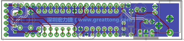 第二篇文章則帶領(lǐng)你進行電路板上的布線、連結(jié)點的配置，并利用「設(shè)計規(guī)則檢查（Design Rule Check）」測試你的設(shè)計，第二篇文章的電路板設(shè)計圖將如下所示：