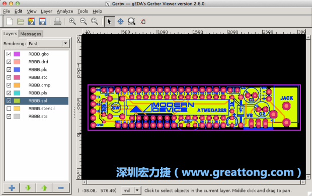 將圖層匯入你的Gerber預(yù)覽工具內(nèi)（下圖為Gerbv），我通常會從上到下重新排列它們的順序，好讓我比較好校對：