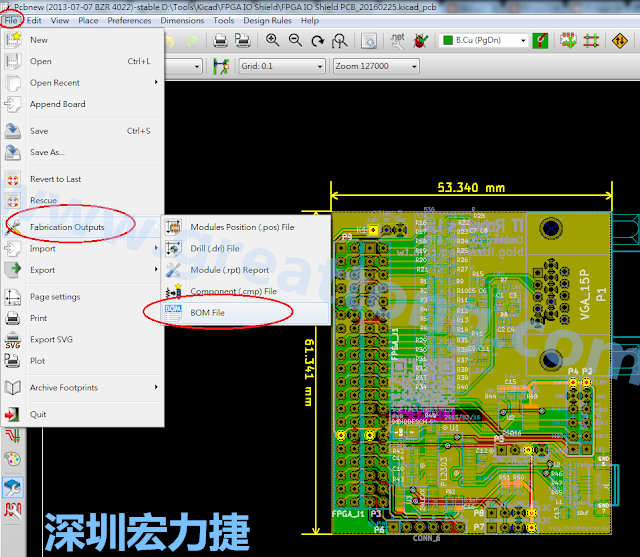 在Kicad的PCB Editor, 點(diǎn)選 File->Fabrication Outputs->BOM File, 即可產(chǎn)生一個(gè) .csv 的Excel 檔案。