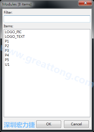 從目前正在編輯的PCB載入Module， 會(huì)顯示有那些項(xiàng)目可載入。點(diǎn)選一個(gè)， OK后即完成載入