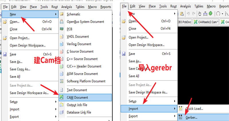 在File下新建 Cam檔，建后再File下導(dǎo)入Gerber文件，選擇所有文件導(dǎo)入gerber。