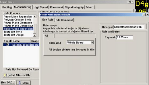 5. 而對(duì)于阻焊的調(diào)整則可以通過按D、R調(diào)出[Manufacturing]制作設(shè)計(jì)規(guī)則的[Solder-Mask Expansion Rule]設(shè)置項(xiàng)直接設(shè)定單邊放大值