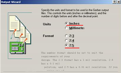 在上圖中選擇“Inches 2：5”，以確保資料精度，反之線寬、線距或孔有偏移現(xiàn)象