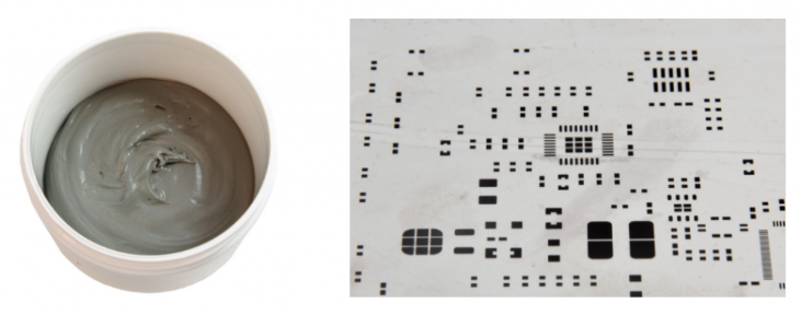 焊膏（左），PCB模板激光切割孔（右）